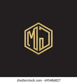Initial letter MJ, minimalist line art hexagon logo, gold color on black background