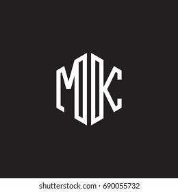 Initial letter MK, minimalist line art monogram hexagon shape logo, white color on black background