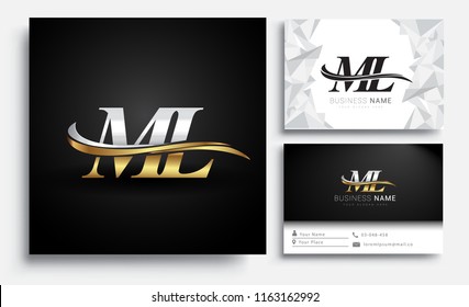 initial letter ML logotype company name colored gold and silver swoosh design. Vector sets for business identity on white background.