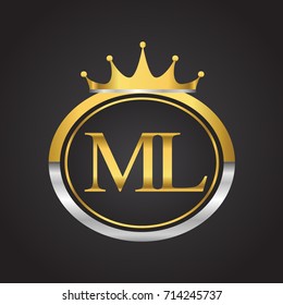 initial letter ML logotype company name with oval shape and crown, gold and silver color. vector logo for business and company identity.