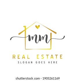 Initial letter MM calligraphy handwritten Real estate logo concept. Handwritten alphabet in the logo template. Letters and Alphabet for your logo design.