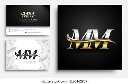 initial letter MM logotype company name colored gold and silver swoosh design. Vector sets for business identity on white background.