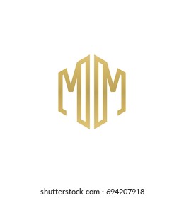 Initial letter MM mirror, minimalist line art hexagon shape logo, gold color