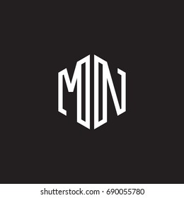 Initial letter MN, minimalist line art monogram hexagon shape logo, white color on black background