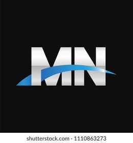 Initial letter MN, overlapping movement swoosh logo, metal silver blue color on black background