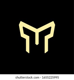 Initial letter MP logo template with geometric spartan helmet line art illustration in flat design monogram symbol