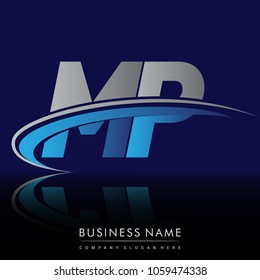 initial letter MP logotype company name colored blue and grey swoosh design. vector logo for business and company identity.