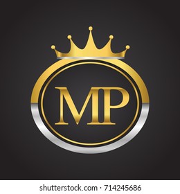 initial letter MP logotype company name with oval shape and crown, gold and silver color. vector logo for business and company identity.