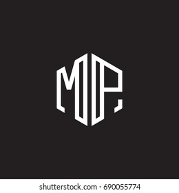 Initial letter MP, minimalist line art monogram hexagon shape logo, white color on black background