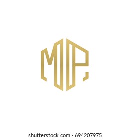 Initial letter MP, minimalist line art hexagon shape logo, gold color