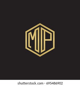 Initial letter MP, minimalist line art hexagon logo, gold color on black background