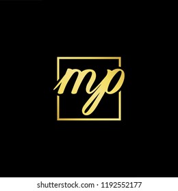 Initial letter MP PM minimalist art monogram shape logo, gold color on black background