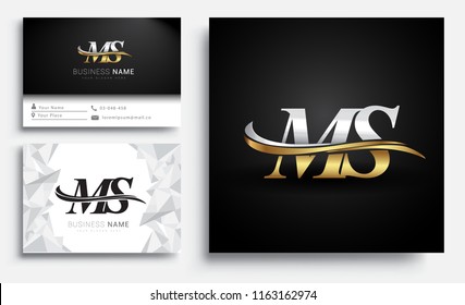 initial letter MS logotype company name colored gold and silver swoosh design. Vector sets for business identity on white background.