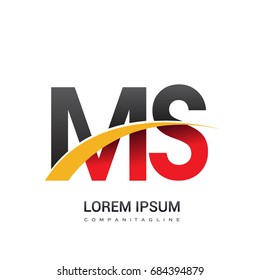 initial letter MS logotype company name colored red, black and yellow swoosh design. isolated on white background.
