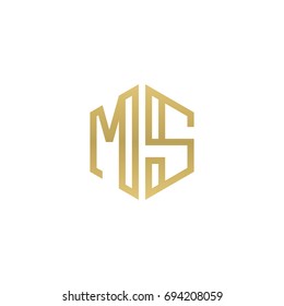Initial letter MS, minimalist line art hexagon shape logo, gold color