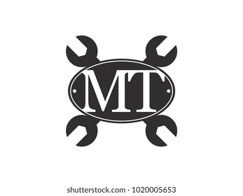 Initial letter MT logo automotive club with crossed wrench black