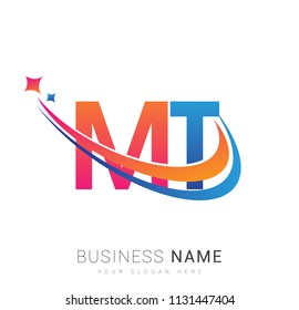 initial letter MT logotype company name colored orange, red and blue swoosh star design. vector logo for business and company identity.
