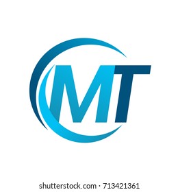 initial letter MT logotype company name blue circle and swoosh design. vector logo for business and company identity.