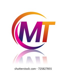 initial letter MT logotype company name orange and magenta color on circle and swoosh design. vector logo for business and company identity.