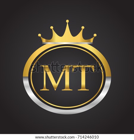 initial letter MT logotype company name with oval shape and crown, gold and silver color. vector logo for business and company identity.