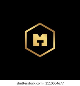 Initial letter MT TM minimalist art monogram Hexagon shape logo, gold color on black background