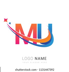 initial letter MU logotype company name colored orange, red and blue swoosh star design. vector logo for business and company identity.