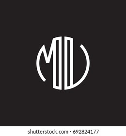 Initial letter MU, MV, minimalist line art monogram circle shape logo, white color on black background