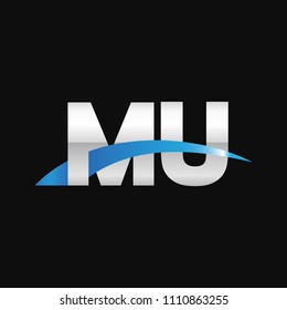 Initial letter MU, overlapping movement swoosh logo, metal silver blue color on black background