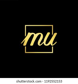 Initial letter MU UM minimalist art monogram shape logo, gold color on black background