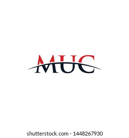Initial letter MUC, overlapping movement swoosh horizon logo company design inspiration in red and dark blue color vector