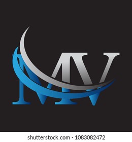 initial letter MV logotype company name colored blue and grey swoosh design. vector logo for business and company identity.