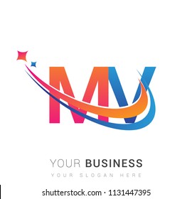 initial letter MV logotype company name colored orange, red and blue swoosh star design. vector logo for business and company identity.