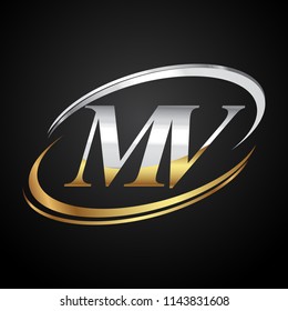 initial letter MV logotype company name colored gold and silver swoosh design. isolated on black background.