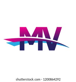initial letter MV logotype company name colored blue and magenta swoosh design. vector logo for business and company