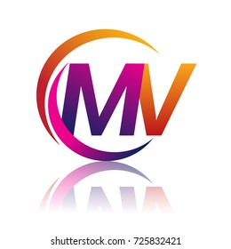 initial letter MV logotype company name orange and magenta color on circle and swoosh design. vector logo for business and company identity.
