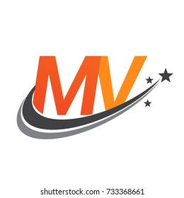 initial letter MV logotype company name colored orange and grey swoosh star design. vector logo for business and company identity.
