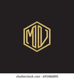 Initial letter MV, minimalist line art hexagon logo, gold color on black background