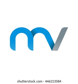 initial letter mv modern linked circle round lowercase logo blue gray