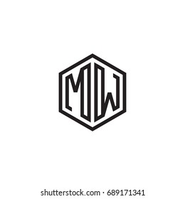 Initial letter MW, minimalist line art monogram hexagon logo, black color