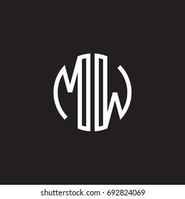 Initial letter MW, minimalist line art monogram circle shape logo, white color on black background