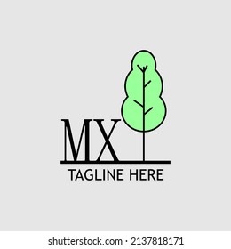 Initial letter MX with green tree logo. Minimal, simple and unique.