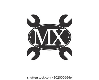 Initial letter MX logo automotive club with crossed wrench black