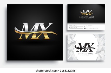 initial letter MX logotype company name colored gold and silver swoosh design. Vector sets for business identity on white background.