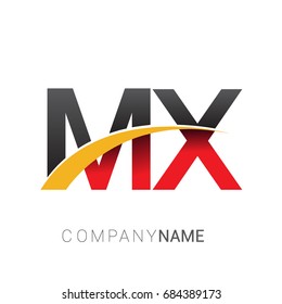 initial letter MX logotype company name colored red, black and yellow swoosh design. isolated on white background.
