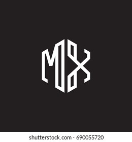 Initial letter MX, minimalist line art monogram hexagon shape logo, white color on black background