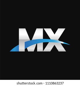 Initial letter MX, overlapping movement swoosh logo, metal silver blue color on black background