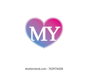 the initial letter MY in the heart symbol as a logo, sign and decoration