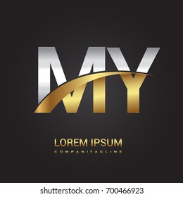 initial letter MY logotype company name colored gold and silver swoosh design. isolated on black background.