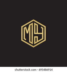 Initial letter MY, minimalist line art hexagon logo, gold color on black background