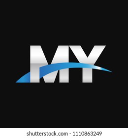 Initial letter MY, overlapping movement swoosh logo, metal silver blue color on black background